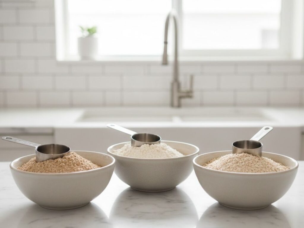 Three bowls filled with different grains or flours, each with a measuring cup, on a marble counter.