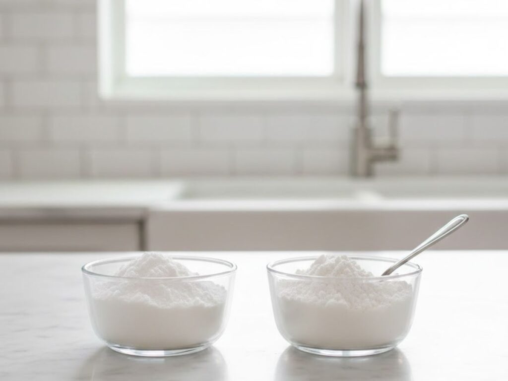 Two small glass bowls filled with baking soda and flour, on a kitchen counter.