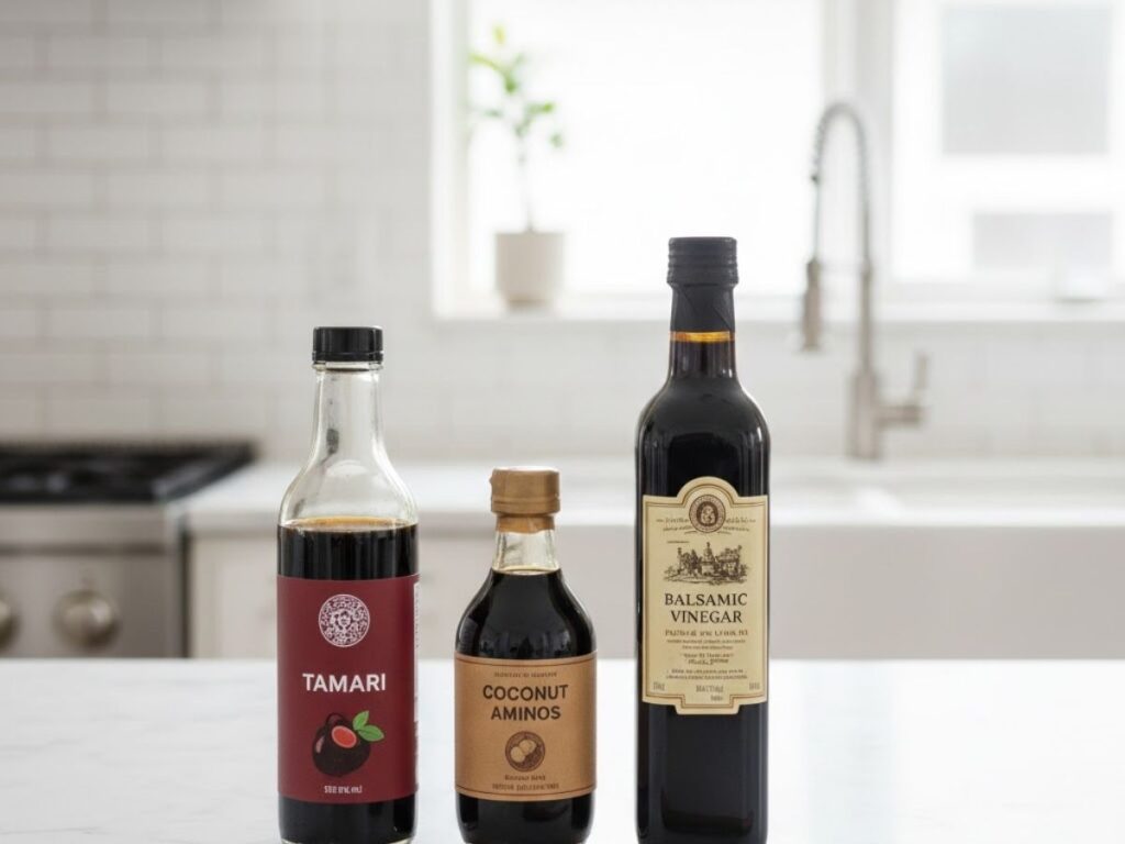 Three bottles of dark liquids: Tamari, Coconut Aminos, and Balsamic Vinegar, next to a wooden spoon.