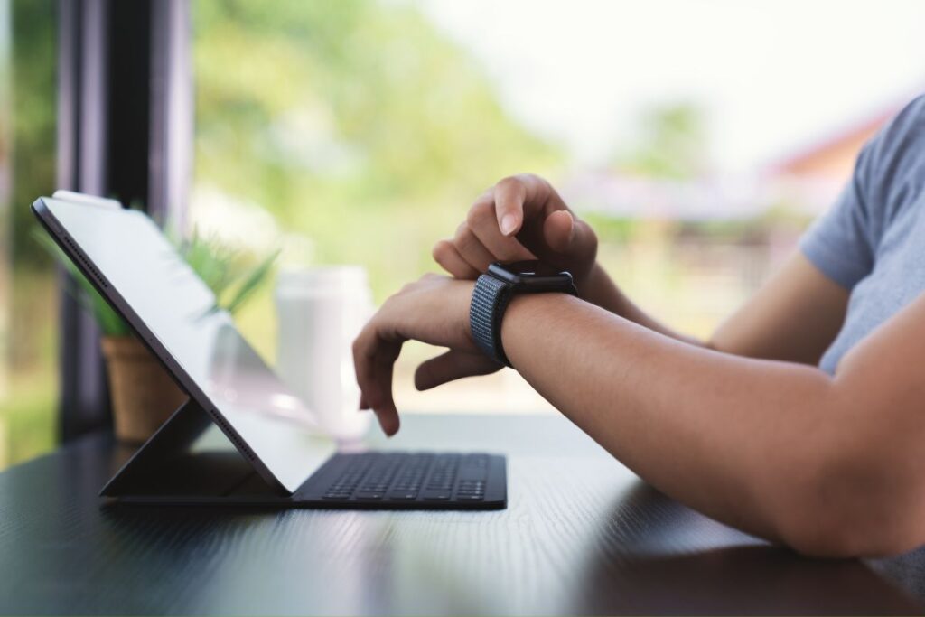 Woman checking information on her smart watch.