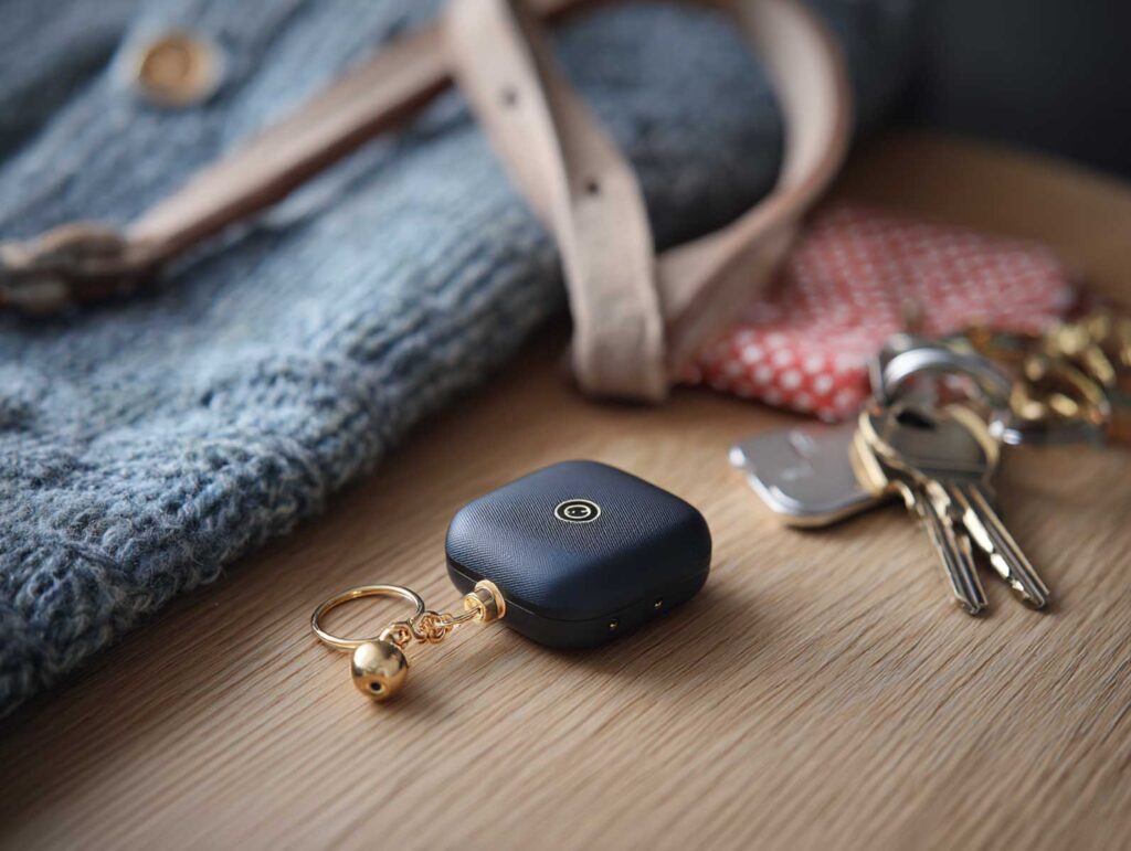 A bluetooth tag placed with keys on a desk.