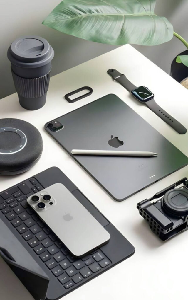 A flat lay of modern black and gray tech gadgets, including a large tablet with a stylus, a smartphone on a keyboard folio case, a smartwatch, a compact camera, a Bluetooth speaker, and a travel coffee cup, next to a large green houseplant leaf.