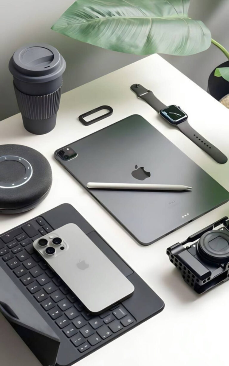 A flat lay of modern black and gray tech gadgets, including a large tablet with a stylus, a smartphone on a keyboard folio case, a smartwatch, a compact camera, a Bluetooth speaker, and a travel coffee cup, next to a large green houseplant leaf.