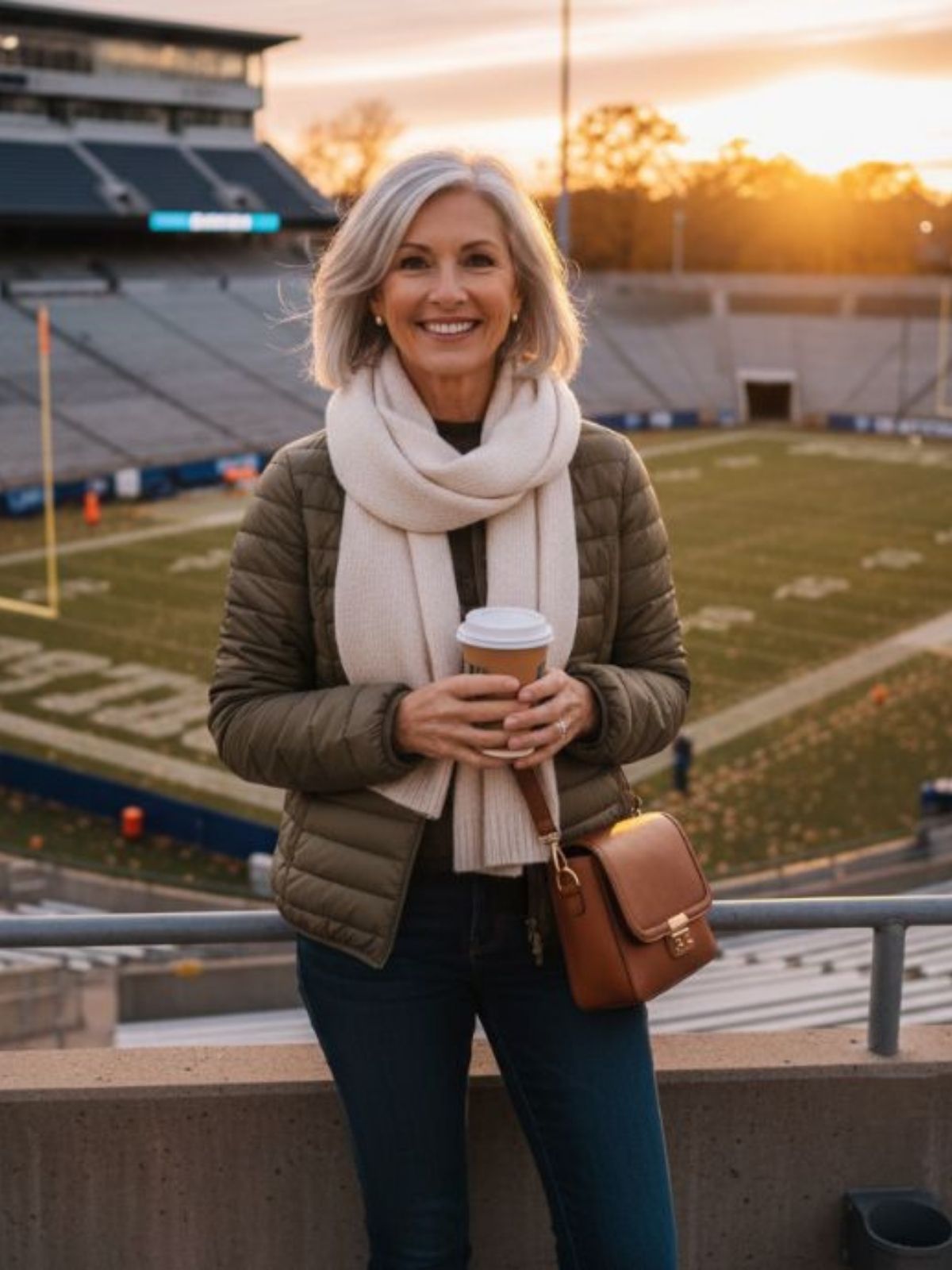 stylish woman over 50 at outdoor football stadium in fall outfit - dark jeans, lightweight jacket, crossbody bag, neutral scarf. Sunset lighting, cozy and confident game-day aesthetic.