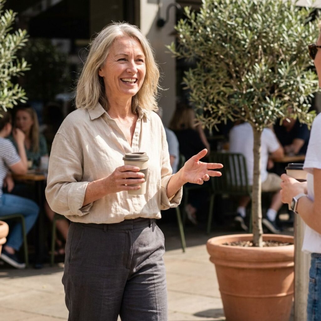 Woman in light linen shirt and trousers standing outside a café, smiling and holding a takeaway coffee while chatting.