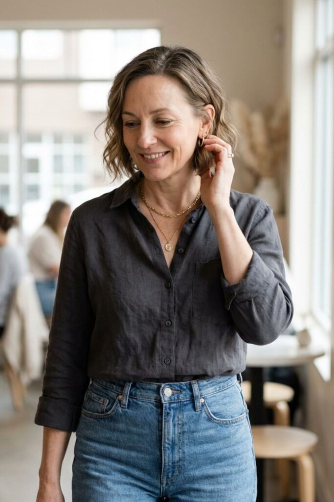 Woman in casual outfit smiling inside a bright café.