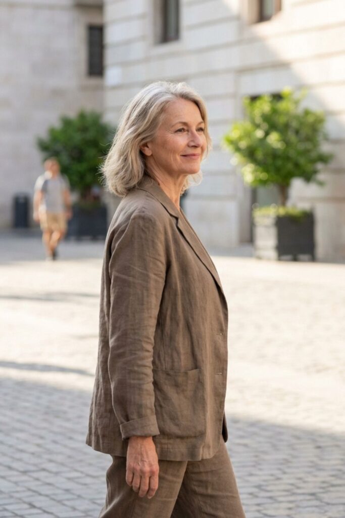 Woman in linen suit walking outdoors in a sunny city street.