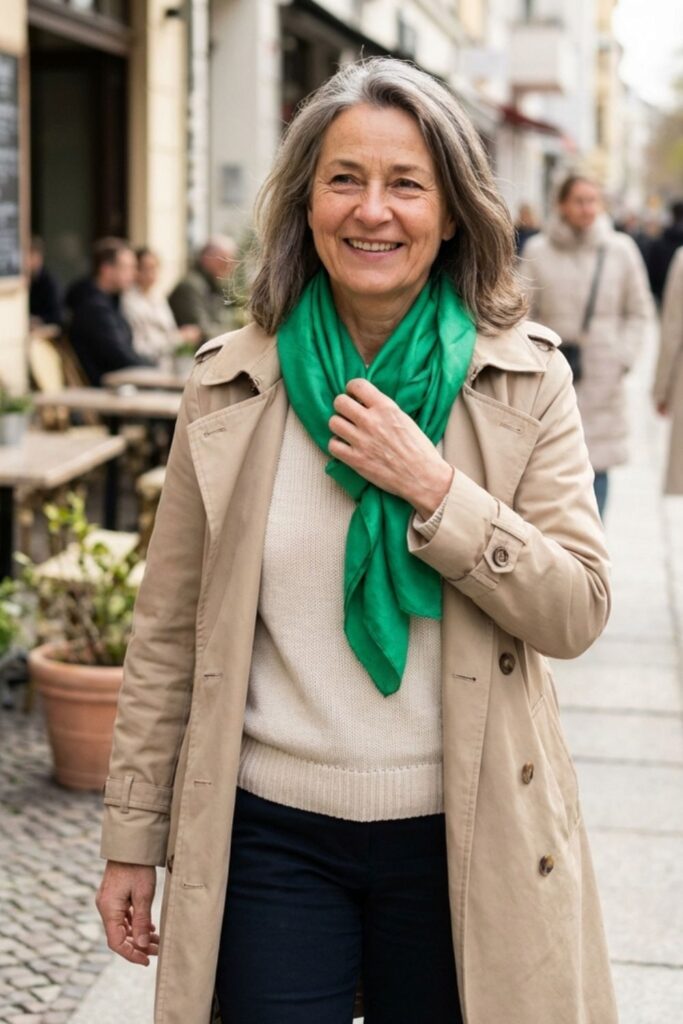 Woman over 50 wearing trench coat and green scarf walking in a city.