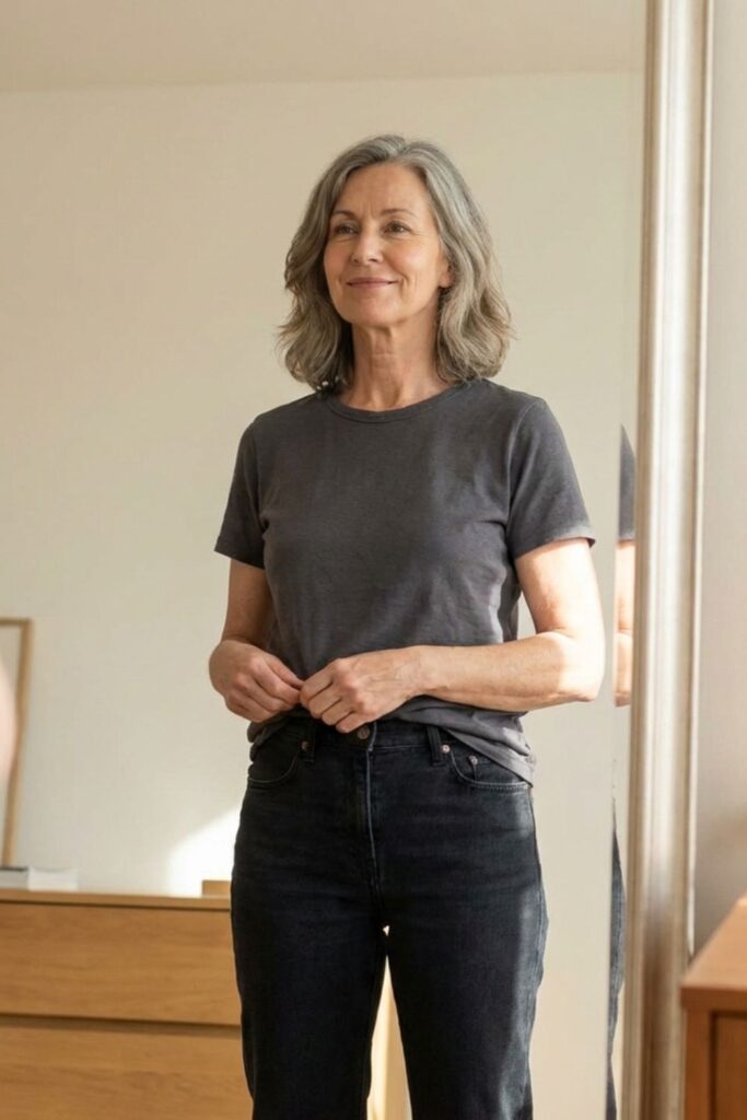 Woman in gray t-shirt and dark jeans standing in front of a mirror, adjusting her outfit in a sunlit room.