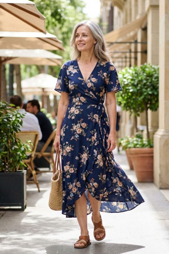 Woman in navy floral wrap dress walking along a café-lined street, carrying a woven bag and wearing sandals.