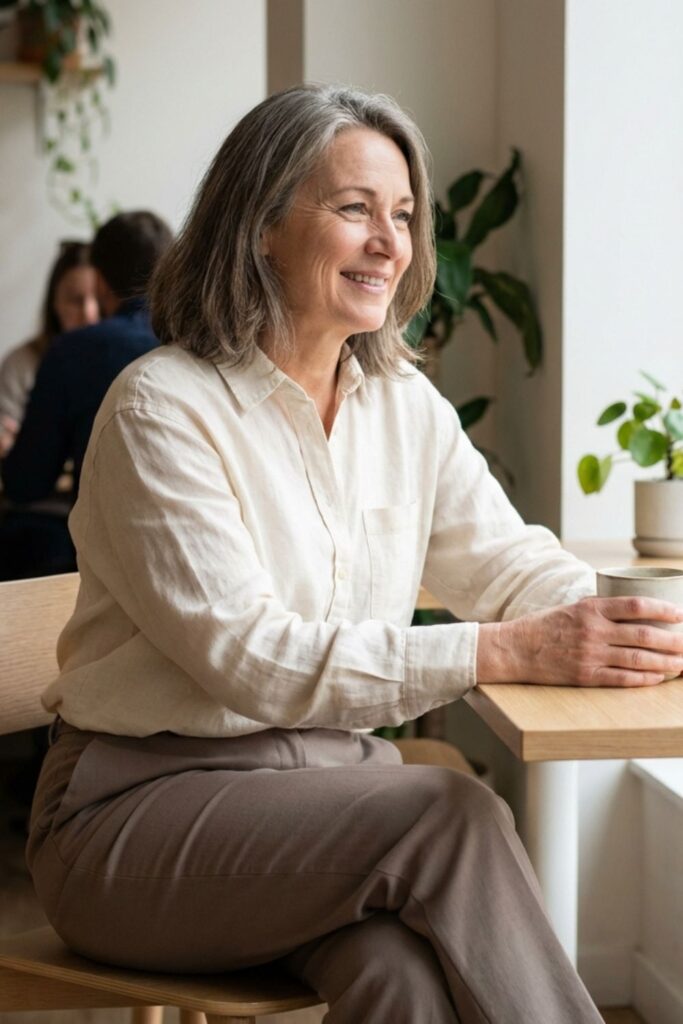 Middle-aged woman smiling while holding coffee in a bright café by the window.