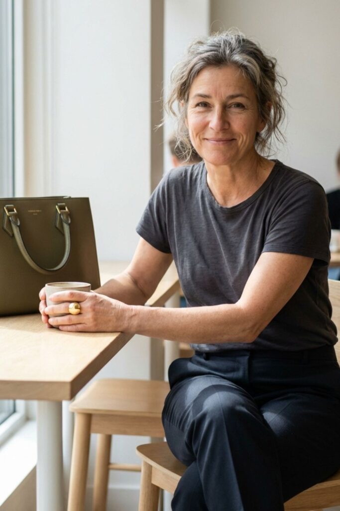 Woman with gray hair smiling while holding coffee in a modern café by the window.