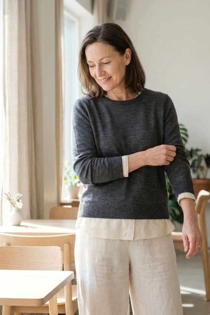 Woman adjusting sleeve in a bright minimalist café with natural light.