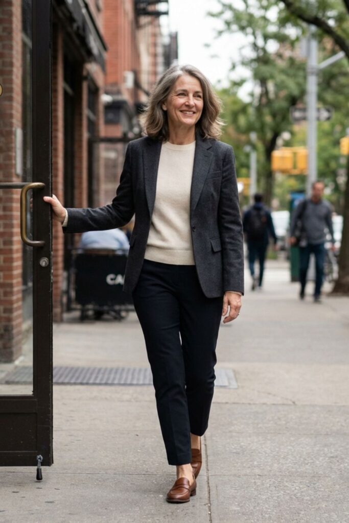 Woman in blazer walking out of a café onto a city street.