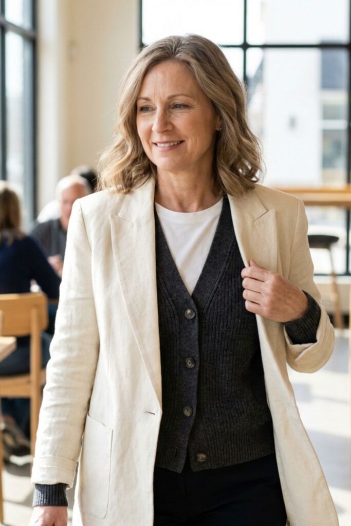 Woman in neutral layered outfit walking inside a bright modern café.