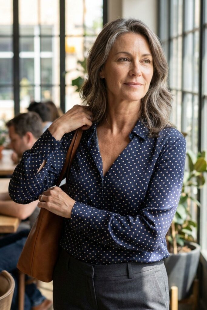Woman in polka dot blouse adjusting bag in a modern café.