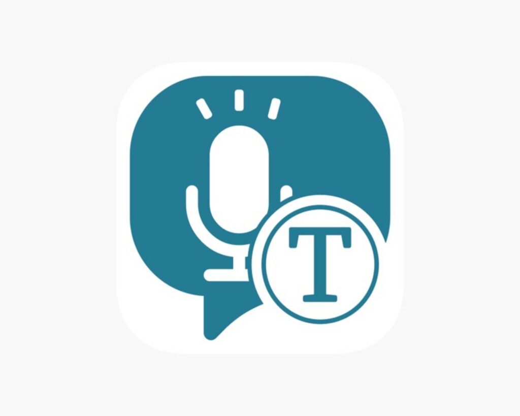 Icon for a voice-to-text or dictation app, featuring a white microphone inside a teal blue speech bubble, with a circled white "T" overlaying the bottom right corner, set against a light gray background.