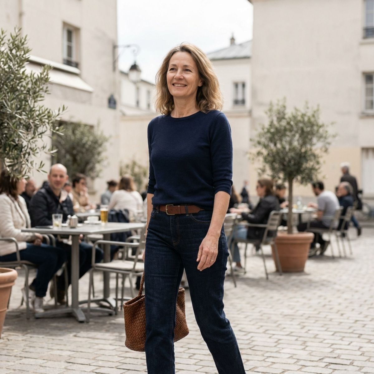 Woman in navy sweater and jeans walking through an outdoor café courtyard.