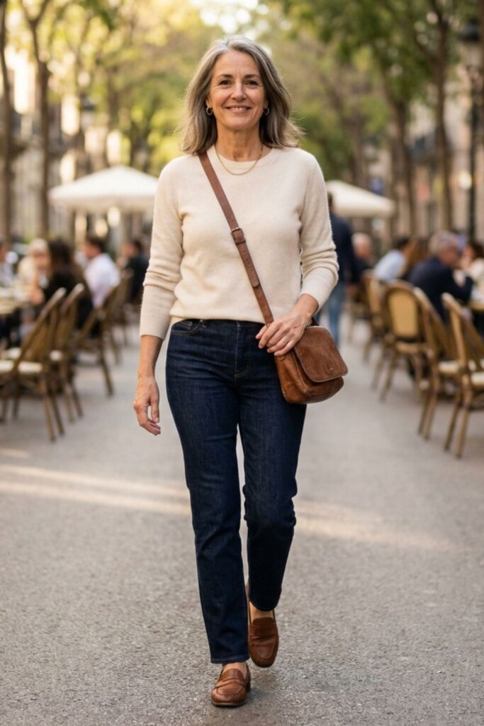 Woman in cream sweater and jeans walking down a lively café-lined street.