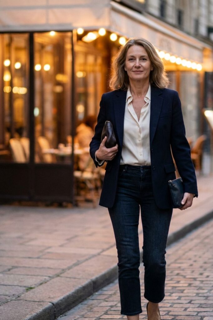 Woman in blazer and jeans walking on a softly lit evening cobblestone street.