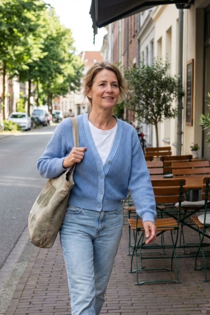 Woman in blue cardigan and jeans walking along a quiet neighborhood street.
