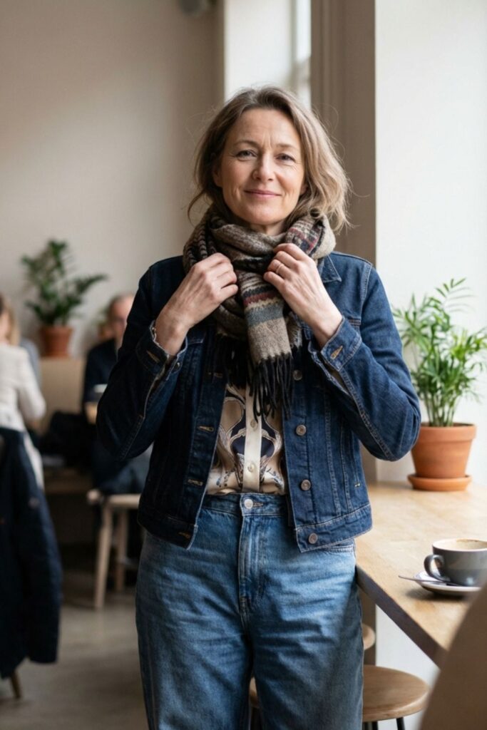 Woman in denim jacket and scarf standing in a cozy café by a window.