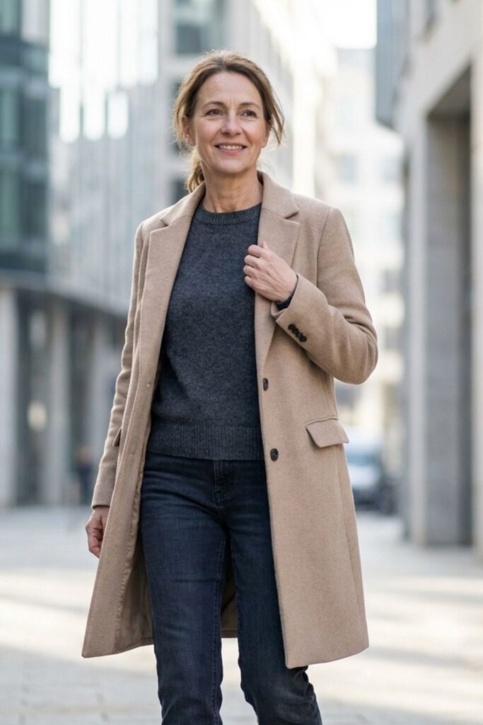 Woman in beige coat and jeans walking through a modern city street.