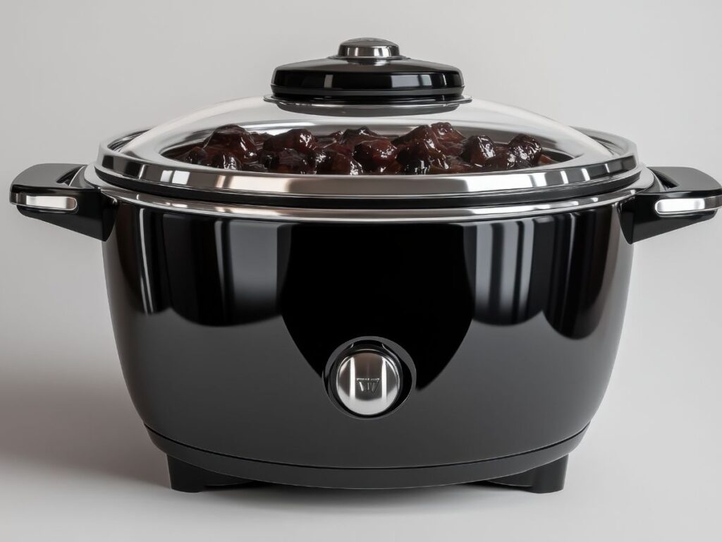 Black slow cooker with a glass lid full of dark, stewed food.