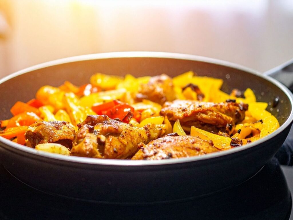 Chicken wings and colorful bell peppers cooking in a black skillet with a bright light flare.