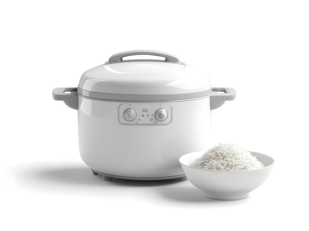 White and gray rice cooker next to a small bowl filled with cooked white rice.