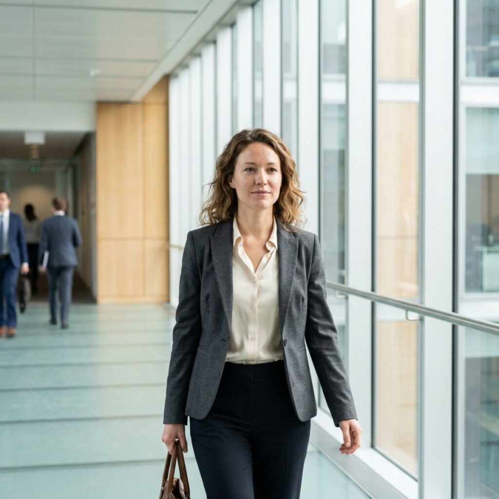 Woman in gray blazer carrying bag walking through corporate office.