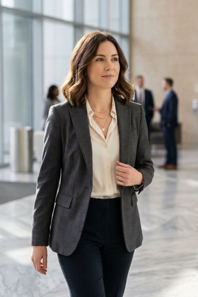 Woman in gray blazer walking through modern office lobby.