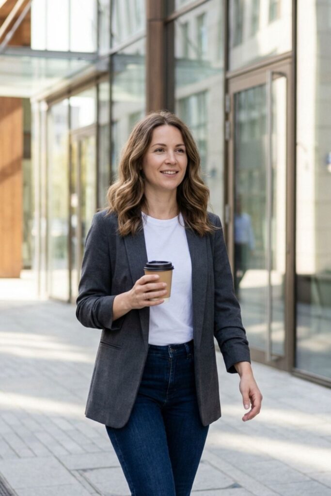 Woman in blazer and jeans walking with coffee in urban business district.