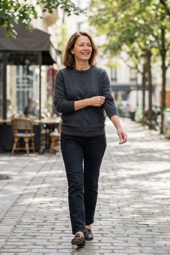 Woman in casual sweater and black jeans walking along a cobblestone street.
