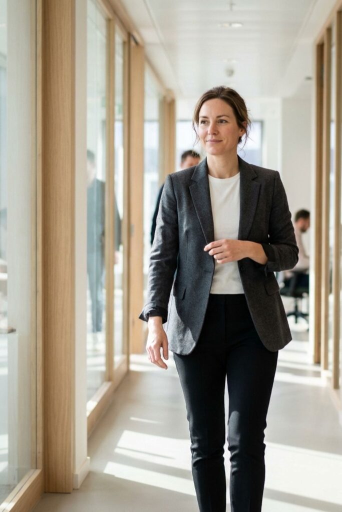 Woman in blazer and black pants walking down office hallway.