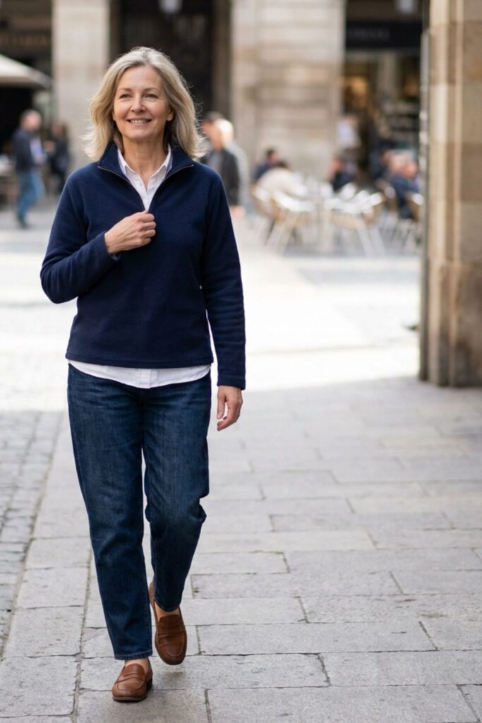 Woman in navy sweater and jeans walking through a European plaza.