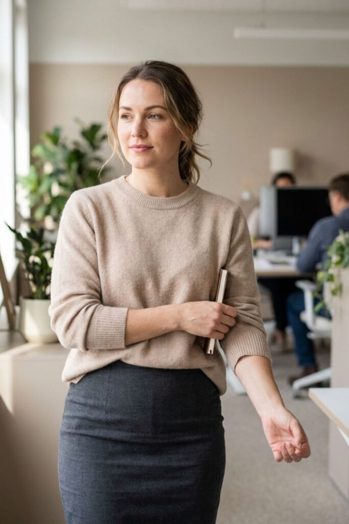Woman in beige sweater and skirt standing in bright office space.