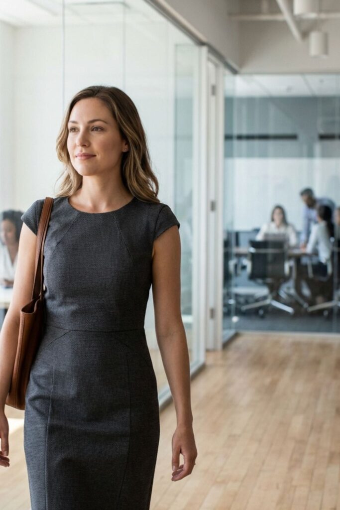 Woman in gray dress walking through modern office hallway.