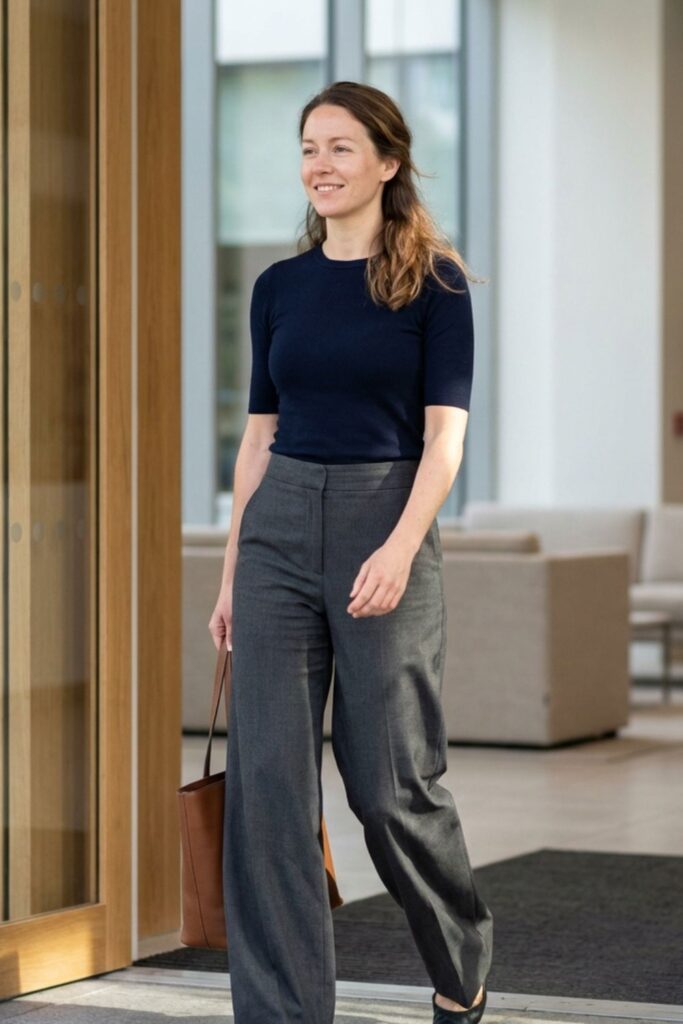 Woman in navy top and gray trousers entering office building.