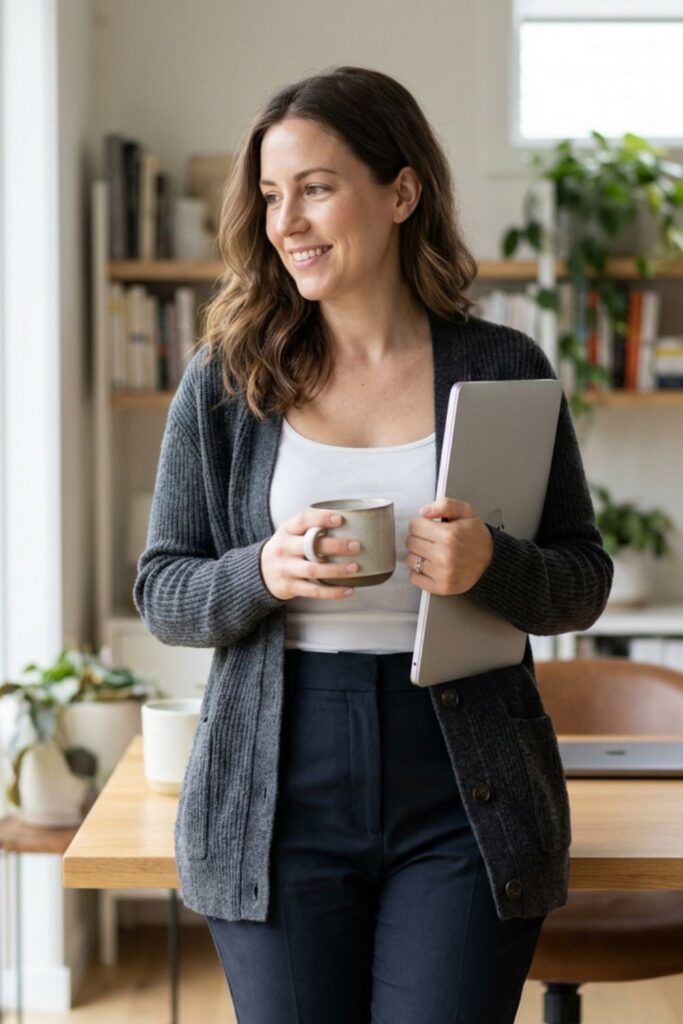 Woman holding coffee and laptop standing in a bright home office.