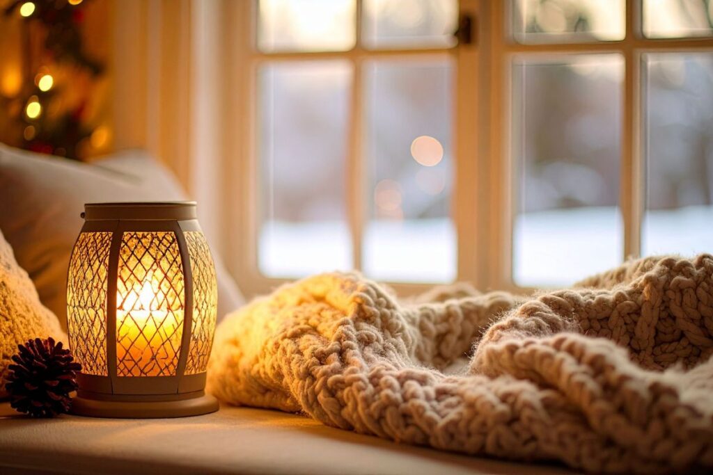 Glowing candle and knit blanket by a window, capturing a warm, reflective December scene.