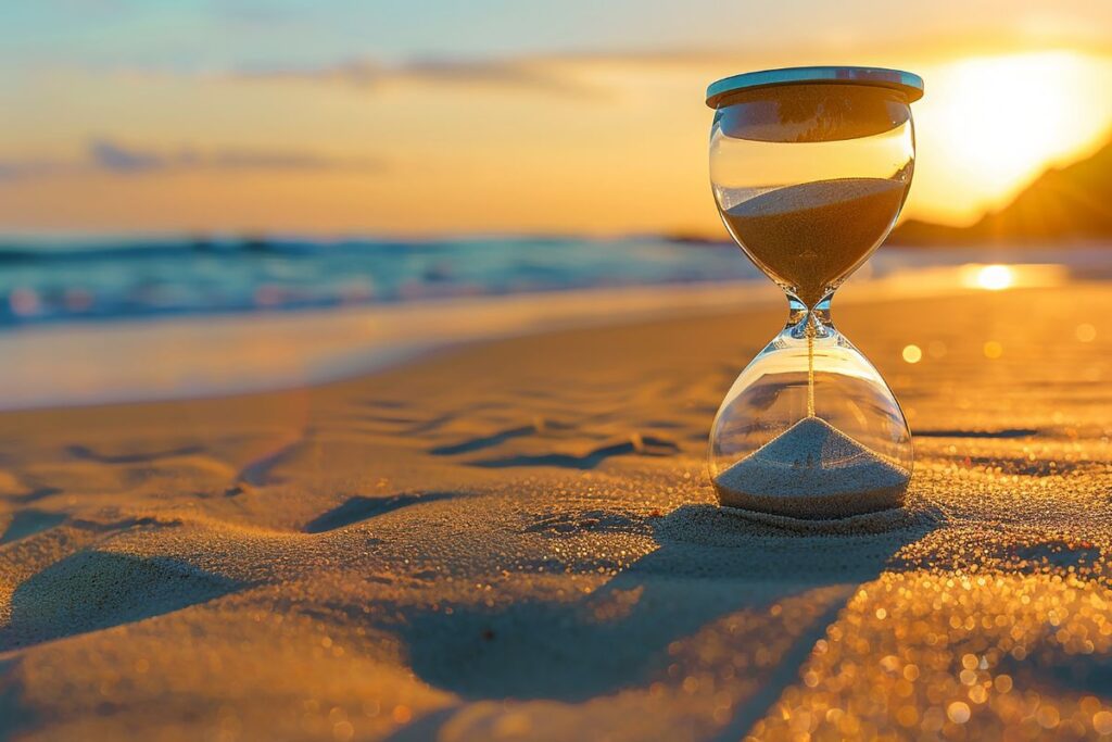 Hourglass on a beach at sunset, symbolizing the passage of time and transition.
