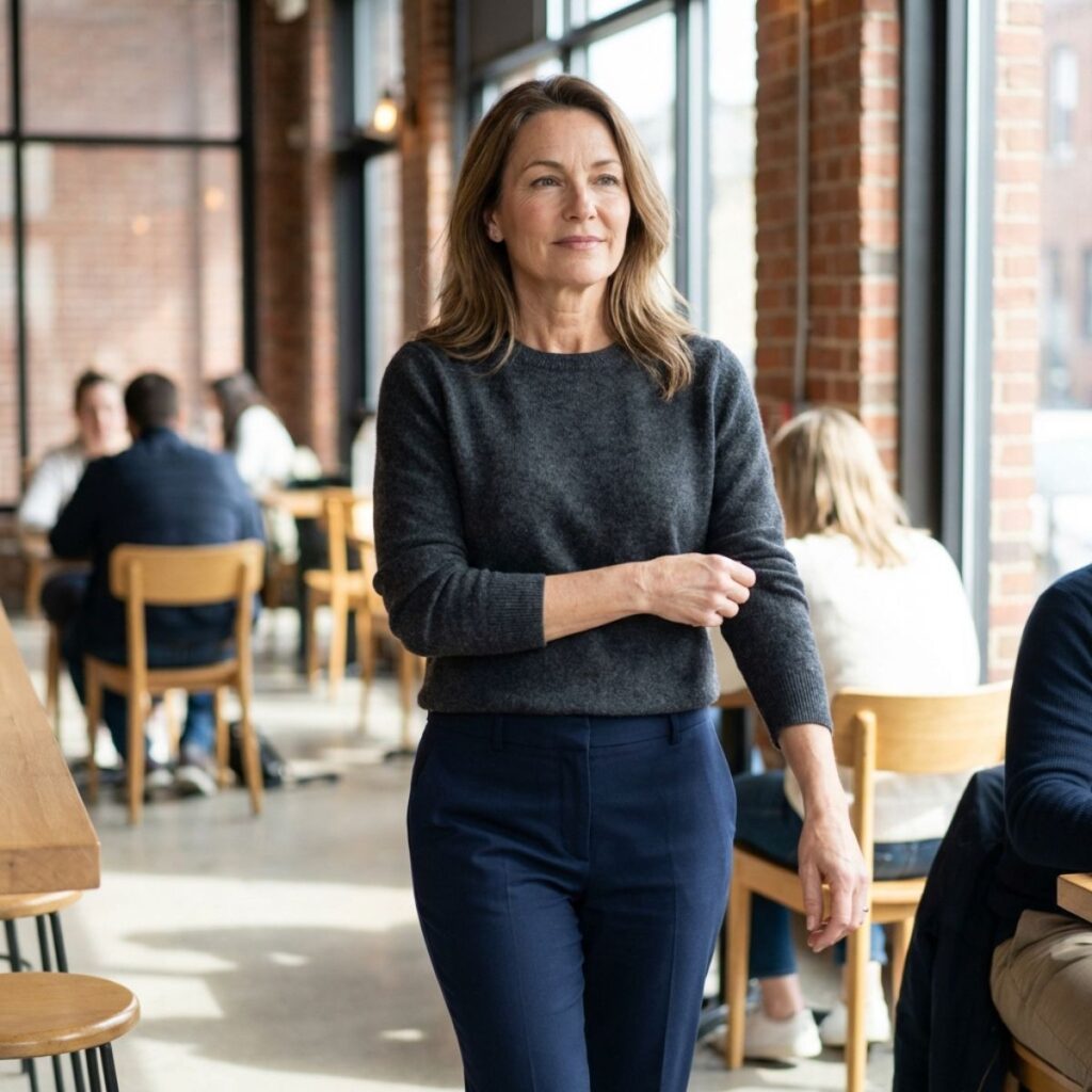 Woman in gray sweater and navy pants walking inside a modern café.