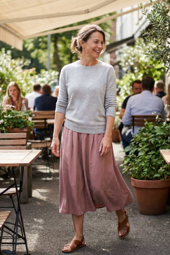 Woman in sweater and midi skirt walking through outdoor café garden.