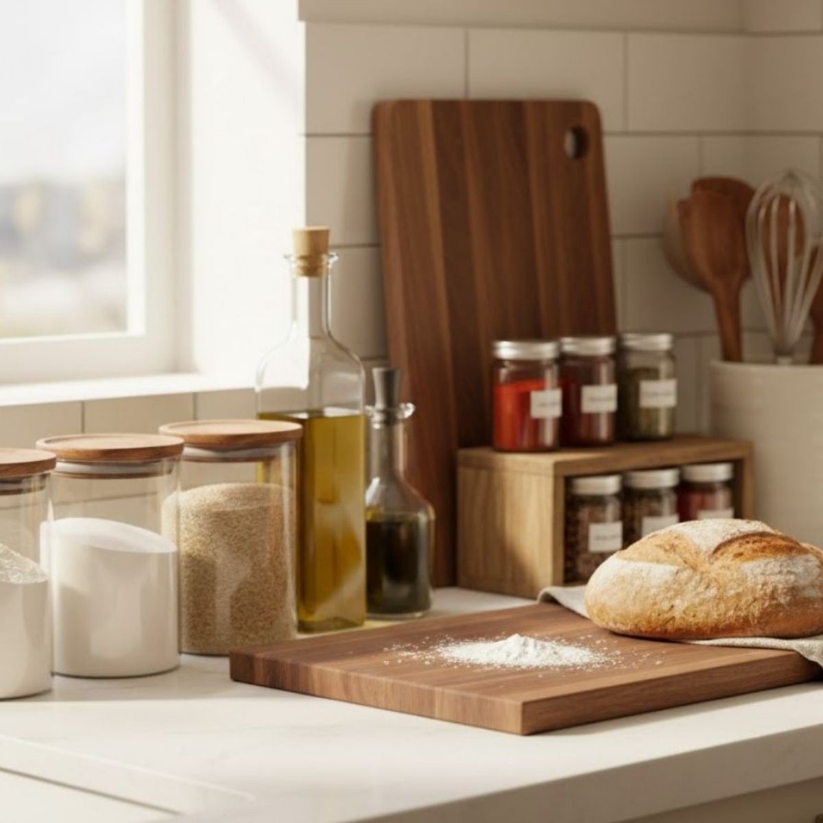 Kitchen counter scene with glass canisters of dry goods, olive oil bottles, spices, and a loaf of bread on a cutting board.