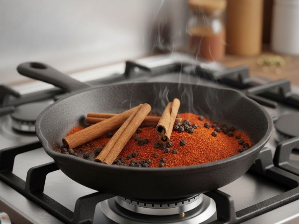 Cinnamon sticks, red powder, and peppercorns toasting in a smoking cast iron skillet on a gas stove.