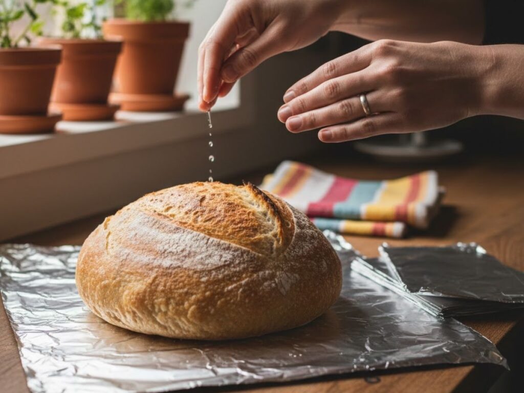 Hands sprinkling water onto a round loaf of baked sourdough bread resting on aluminum foil.