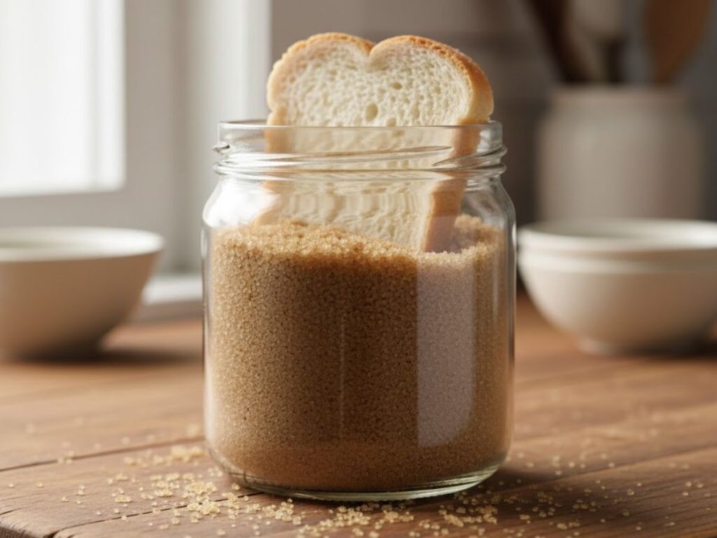 Glass jar of brown sugar with a slice of white bread sticking out to keep it soft.