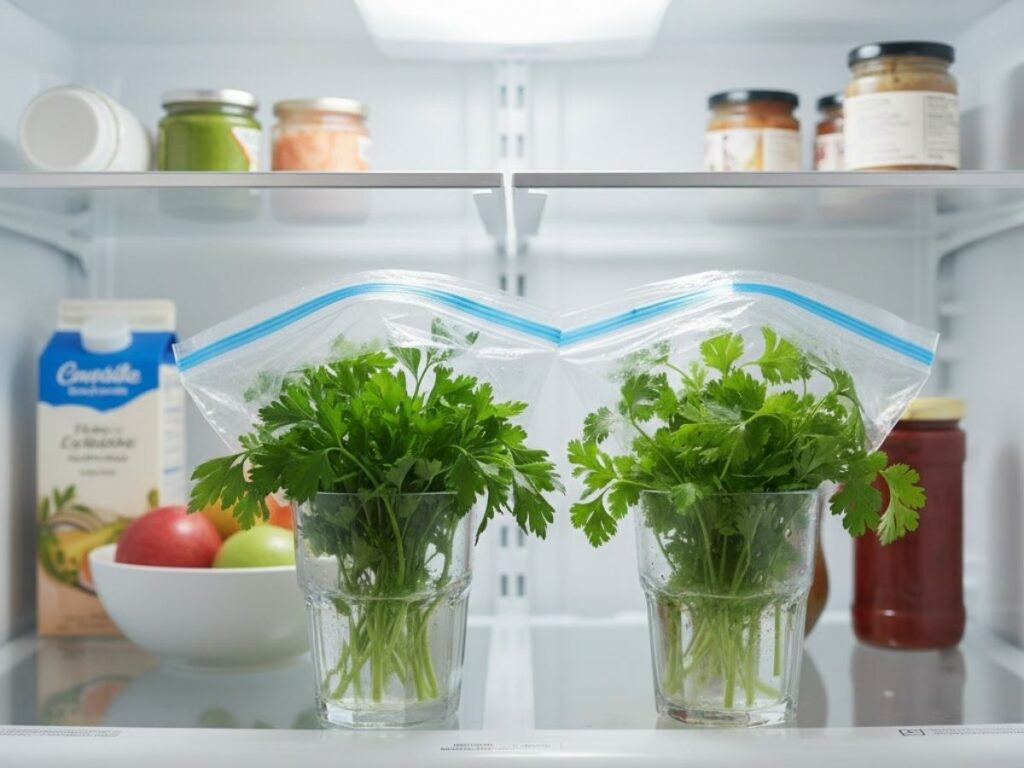 Two bunches of fresh parsley stored upright in glasses with plastic bags covering them inside a bright refrigerator.