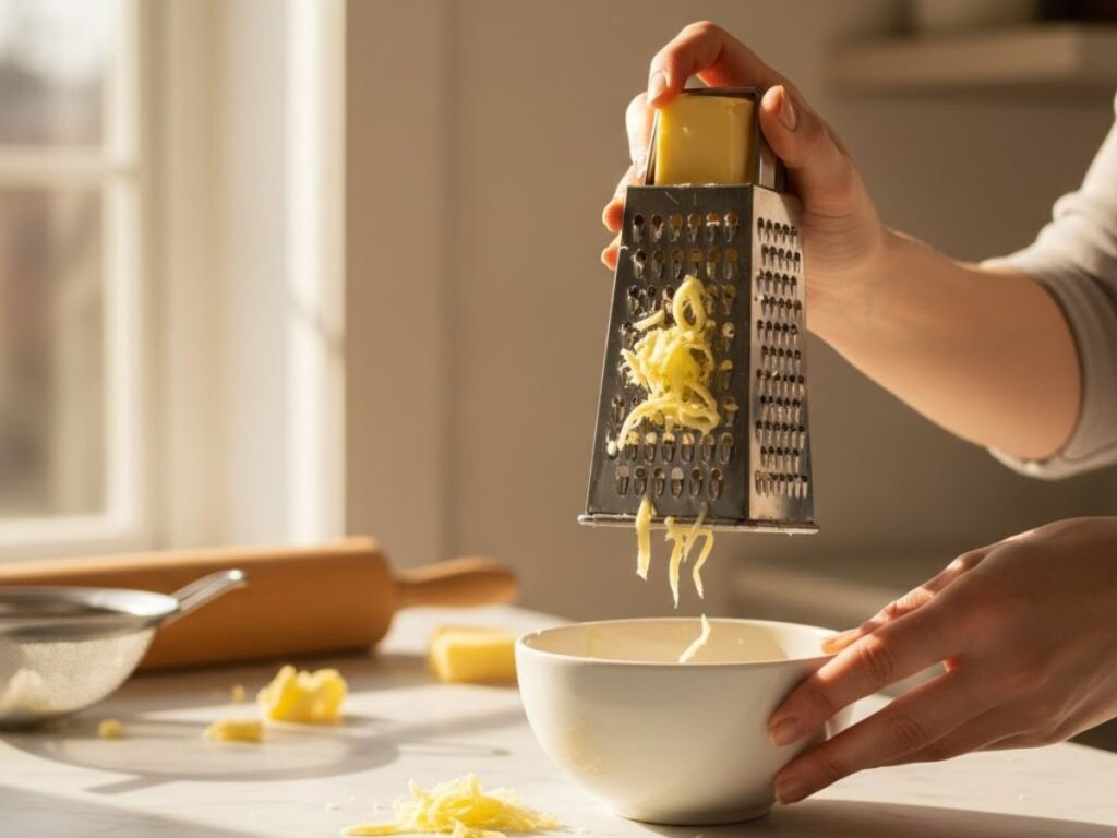 Hands grating butter with a box grater directly into a small white bowl in bright sunlight.